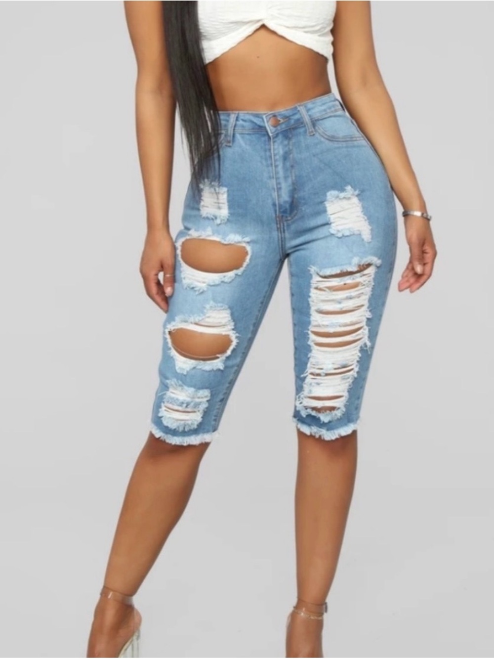 Fashion Nova Light Blue Distressed High-Rise Denim Shorts
